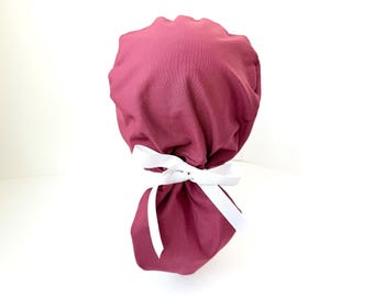 Solid maroon Ponytail scrub cap, scrub hat, elastic and ribbon, one color