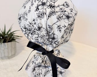 Ponytail Scrub Cap, Black and White, Ribbon Tie, Womens