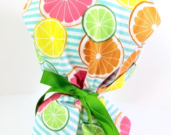 Citrus Print Ponytail Scrub Cap: Adjustable Medical Hat