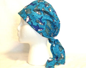Scrub Cap, Scrub Hats, pediatric scrub cap, Scrub Caps, Surgical Hat, Shark scrub cap, Tie Back Scrub Hat, pixie cap, Blue, Sharks, fish