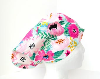 Euro Scrub Cap, spring floral, toggle with elastic closure, pink scrub hat
