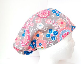 Pink on Grey Flower Euro surgical Scrub Cap, toggle with elastic closure, scrub hat