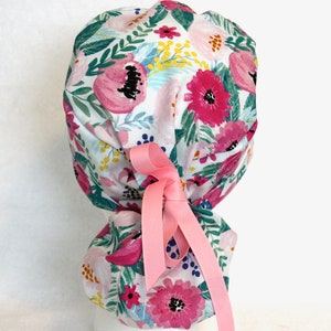 Scrub Cap, Ponytail Scrub Cap, Scrub Ponytail Hat, Medical Pony Tail Cap, Scrub Hats, Scrub caps, caps for women, PINK Ribbon pink floral