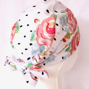 Surgical Scrub Cap, Scrub Caps, Scrub Hats, Tie back , Scrub Hat, Floral Modern Print, Polka Dot, White, Pink, and Black, Operating Cap