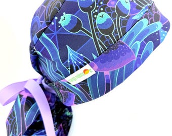 Mushroom Ponytail Scrub Cap: purple black neon