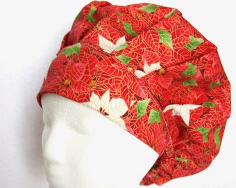 Bouffant Scrub Cap, Surgical Hat, Scrub Hat, Ponytail, poinsettia, Red, Christmas, Holiday, Hannikah