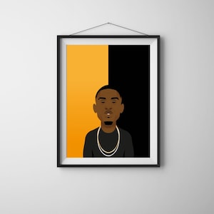 May include: A framed art print. The artwork is a stylized illustration of a person wearing a black shirt and a gold chain. The background is split vertically, with a yellow gradient on the left and black on the right. The frame is black.