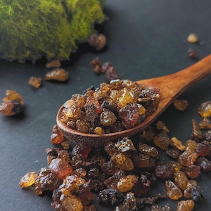 May include: A wooden spoon filled with amber-colored, crystallized resin, with some pieces scattered on a dark surface. The resin has a translucent quality, with variations in color from light gold to deep brown. A green, moss-like element is in the background.