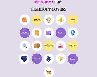 May include: A set of 16 Instagram story highlight covers with various icons and text labels. The covers are in a circular shape with a white background and purple or yellow borders. The icons include a shopping bag, a bell, a location pin, a magnifying glass, a box, a heart, a light bulb, and a shopping cart. The text labels include "Shop", "FAQ", "New", "Clients", "Reviews", "About", "More", "Sale", and "Clients".