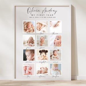 Plantilla minimalista para cartel fotográfico de primer cumpleaños, póster fotográfico de primer cumpleaños, póster imprimible del primer año del bebé, descarga instantánea editable