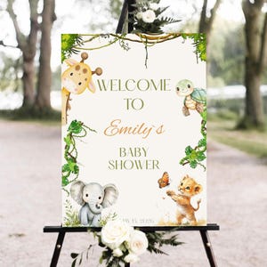 Editable Wild One Baby Shower Sign, Safari Jungle Welcome Poster, Greenery Animal Baby Shower Decoration, Printable Baby Shower Sign