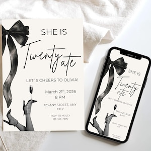She is Twenty Ate Invitation: Prosecco 28th Birthday Invite, Editable Canva Template (Digital Download)