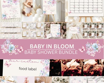 May include: A baby shower bundle with floral and butterfly designs. Includes invitations, welcome sign, calendar, games, food labels, and more. The text "Baby in Bloom" and "Baby Shower Bundle" are visible.