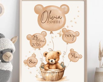 Personalized Teddy Bear Birth Poster – Custom Nursery Art (Digital Download)