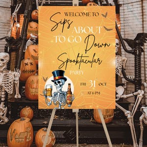 Halloween Skeleton Welcome Sign: Cocktails & Costumes Party Decor (Canva Template, Digital Download)