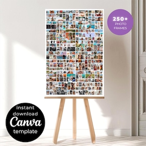 Puede incluir: Un gran collage de fotos blanco sobre un caballete de madera, lleno de numerosas fotos pequeñas. Un círculo púrpura a la derecha tiene el texto "250+ PHOTO FRAMES". Un círculo negro en la parte inferior izquierda dice "instant download Canva template".
