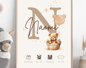 Personalized Teddy Bear Birth Stats Print, Nursery Keepsake (Digital Download)