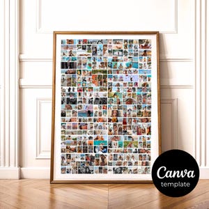 May include: A framed photo collage with many small images, mainly in blue, white, and brown tones. The collage is in a gold-coloured frame, placed on a wooden floor. The lower right corner shows the text "Canva template" within a black circle.