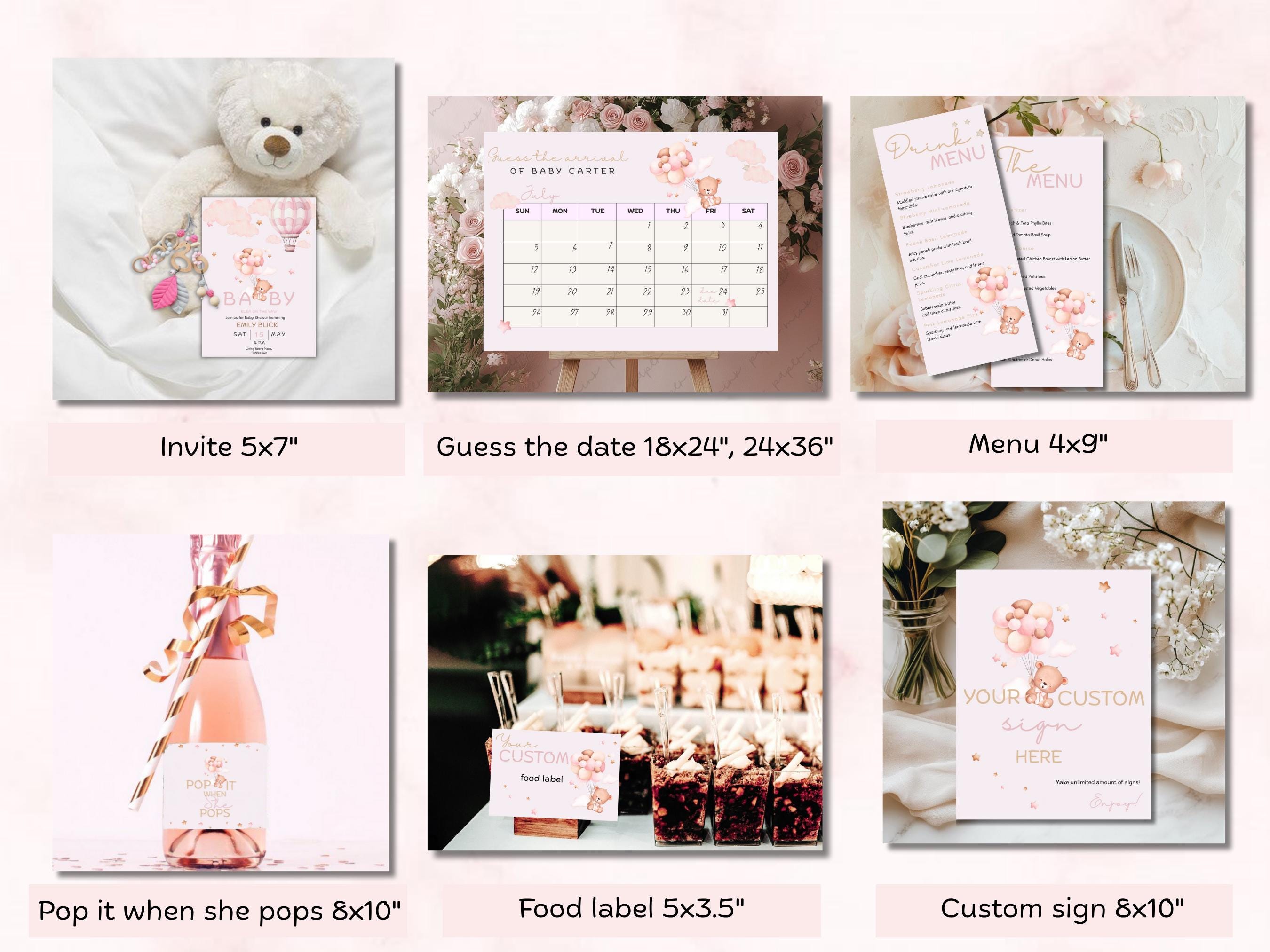 Pink Teddy Bear Baby Shower Bundle: Editable Invitation Set (digital ...