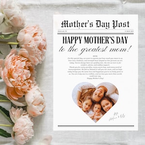 Modelo de jornal editável para o dia das mães, presente personalizado para o dia das mães, cartão para o dia das mães para impressão, encarte de flores, presente digital para o dia das mães