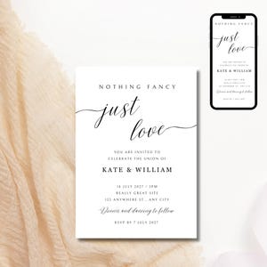 Plantilla de invitación de boda minimalista, plantilla digital de Canva "Nada sofisticado, simplemente amor", invitación para recepción de boda, invitación digital moderna