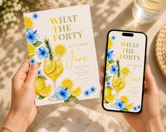 Sjabloon 40e verjaardag uitnodiging, What The Forty Invite, verjaardagsfeestje citroen, bewerkbare canvas uitnodiging, Floral Citrus cocktail verjaardag