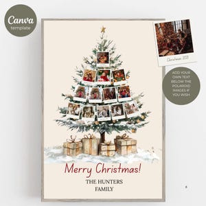 Könnte beinhalten: Ein gerahmtes Weihnachtsbaumdesign mit Familienfotos, die in Form eines Baumes angeordnet sind. Die Worte "Merry Christmas!" und "The Hunters Family" sind rot dargestellt. Das Design umfasst Geschenkboxen und ein kleines Foto mit dem Text "Christmas 2021".