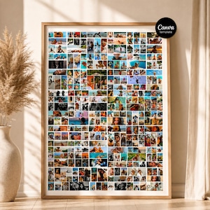 Pode incluir: Um grande modelo de colagem de fotos retangular em uma moldura de madeira clara, apresentando uma grade de inúmeras imagens pequenas e variadas de pessoas, paisagens e cenas de viagem. Um emblema circular preto com o texto branco Canva template está no canto.