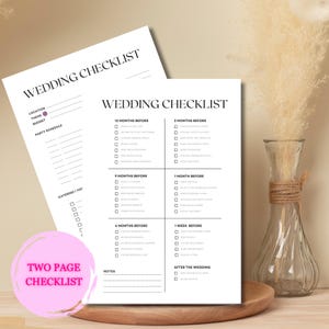 Puede incluir: Una lista de verificación de boda imprimible de dos páginas con un diseño rosa y blanco. La lista de verificación incluye secciones para 12 meses antes de la boda, 9 meses antes, 6 meses antes, 3 meses antes, 1 mes antes, 1 semana antes y después de la boda.