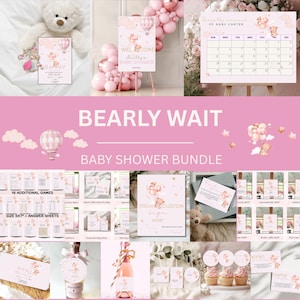 Bear Balloon Baby Shower Bundle, 60+ Pink Girl Templates, We Can Bearly Wait Invite Set,  Teddy Bear Printable Party Kit, Baby Shower Bundle