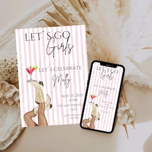 Let&#39;s Go Girls Birthday Invitation Template, Pink Cowgirl Birthday Party Invitation Template, Disco Rodeo Western Invite, Let&#39;s Go Girls