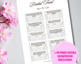 May include: A printable bridal feud game with questions for a bridal shower or hen party. The game has a pink and white colour scheme and includes 30 free extra questions.