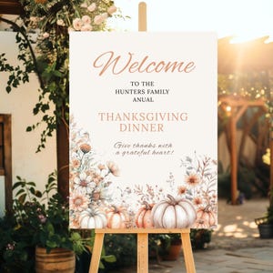 Thanksgiving Welcome Sign: Autumn Floral Pumpkin Decor (Canva Template Digital Download)