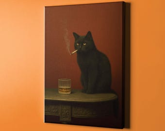 Schwarze Katze Vintage Print, rauchende Katze, lustige Kunst, Tier Poster,Retro Ölgemälde, Bar Warenkorb Dekor, wunderliche Wandkunst für Küche oder Lounge