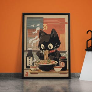 Black Cat Ramen Art Print: Japanese Kitchen Decor, Edo Style