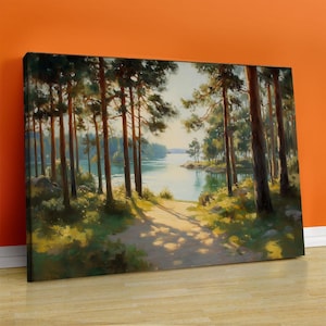 Lake Michigianischer Sonnenaufgang Print, Gelassener Waldsee Wandbild, Natur Landschaftsmalerei, Friedlicher Morgen Dekor, Ruhiges Haus Kunst Poster
