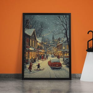 Vintage Christmas Town Scene with Children Playing in Snow, Holiday Street Decor and Wreaths, Framed Canvas Print for Winter Wall Art