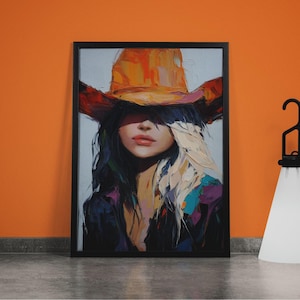 Rustykalna sztuka na płótnie „Kowbojka”: abstrakcyjny portret kobiety z Zachodu