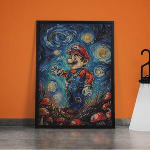 Van Gogh inspirierte Mario Leinwand, Night Mario Druck, Mario Bros Wandkunst, Modernes Gaming-Dekor, Buntes Hausposter, Einzigartiges Popkultur-Kunstwerk