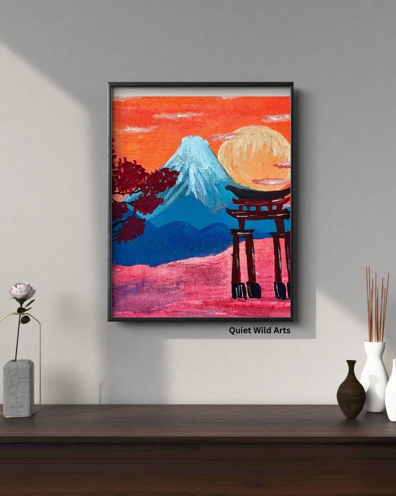 Mount Fuji Sunset Painting, Japanese Landscape Art Print, Red Asian ...