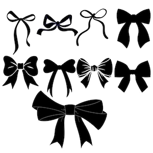 Puede incluir: Un conjunto de diez siluetas de lazos negros, cada uno con una forma y un estilo diferentes. Los lazos están dispuestos en un patrón aleatorio sobre un fondo blanco.