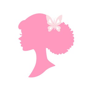 May include: A pink silhouette of a woman's profile with curly hair and a butterfly hair accessory. The butterfly is light pink with white details. The background is white.