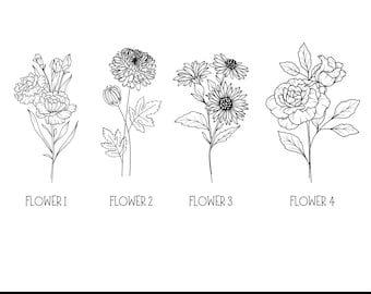 Anpassad blombukett för födelse, tatueringsdesign för familjens födelsemånad, blombuketttryck, blommor, ros-svg, prästkrage-svg, vallmo-svg, linjekonsttatuering