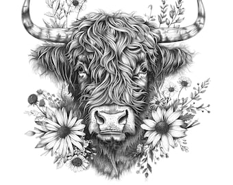 Highland Cow With Flowers Svg & Png, Cow Clipart, Highland Cow Vector Image, Cow Silhouette, Sublimation Design, Farm Animal Cut File