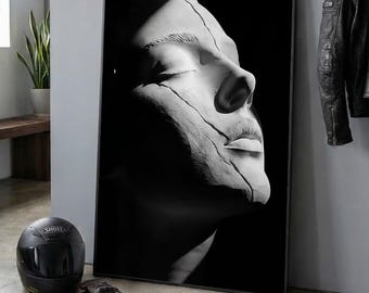 Abstract Face Sculpture Poster, Black White Minimalist Wall Art (Digital Download)