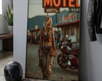 Desert Motel Wall Art, Biker Woman Poster, Retro Road Trip Print, Moody Western