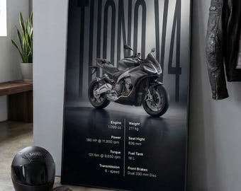 Aprilia Tuono V4 Motorcycle Specs Poster, Modern Garage Wall Art (Digital Download)
