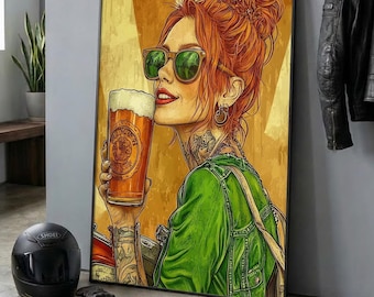 Tattooed Woman Beer Art Print, Retro Bar Decor, Biker Girl Poster (Digital Download)