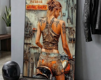 Biker Girl Poster, Woman Mechanic Wall Art, Motorcycle Garage Print, Tattooed Rider Decor