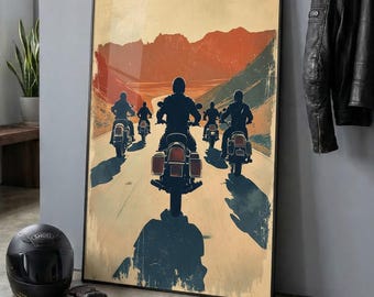 Vintage Motorcycle Poster, Biker Wall Art, Desert Road Print, Retro Americana Decor